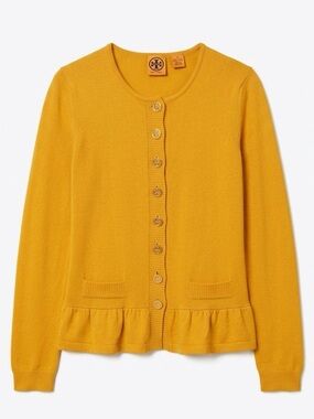 Tory Burch 100% Cashmere Mustard Gold Buttons Peplum Cardigan Sweater Medium